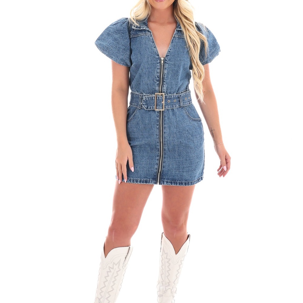 Veveret Puff Sleeve Denim Mini Dress with a zip-front and belted waist